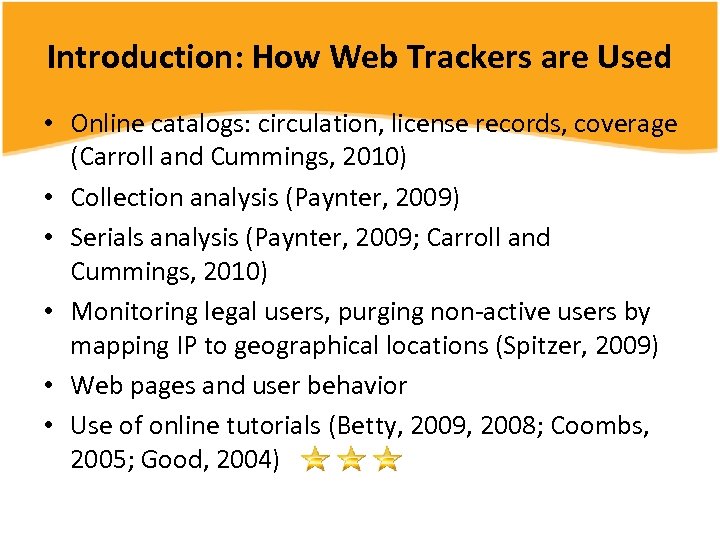 Introduction: How Web Trackers are Used • Online catalogs: circulation, license records, coverage (Carroll