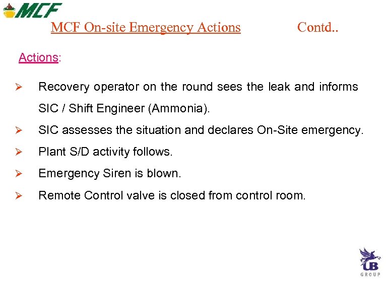 MCF On-site Emergency Actions Contd. . Actions: Recovery operator on the round sees the