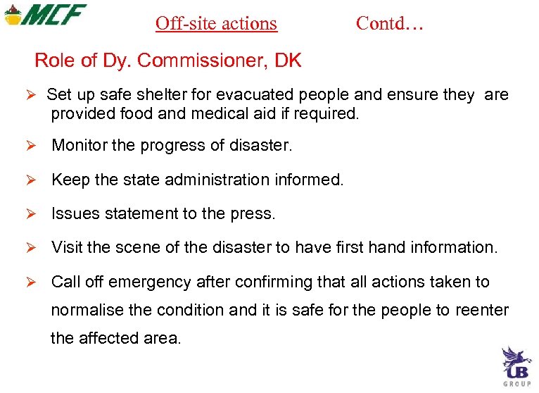 Off-site actions Contd… Role of Dy. Commissioner, DK Set up safe shelter for evacuated