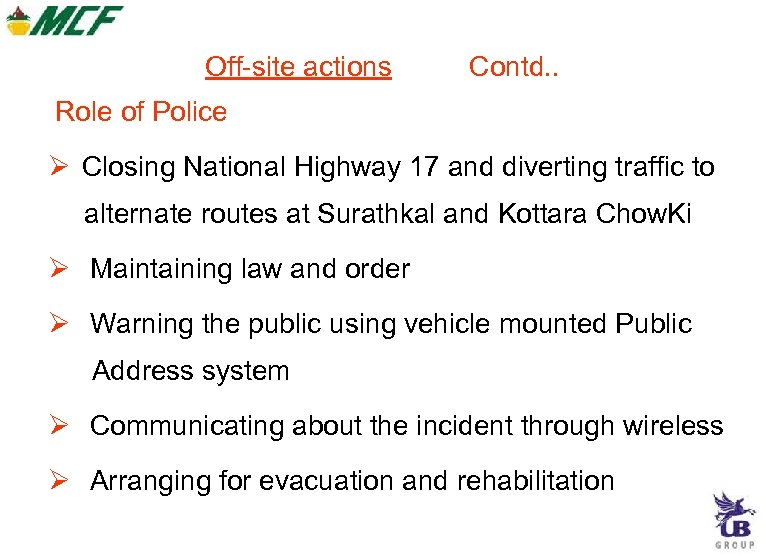 Off-site actions Contd. . Role of Police Closing National Highway 17 and diverting traffic