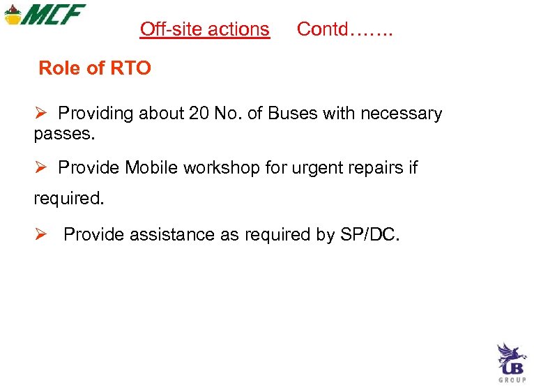 Off-site actions Contd……. Role of RTO Providing about 20 No. of Buses with necessary