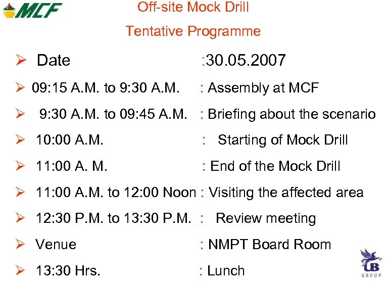 Off-site Mock Drill Tentative Programme Date : 30. 05. 2007 09: 15 A. M.