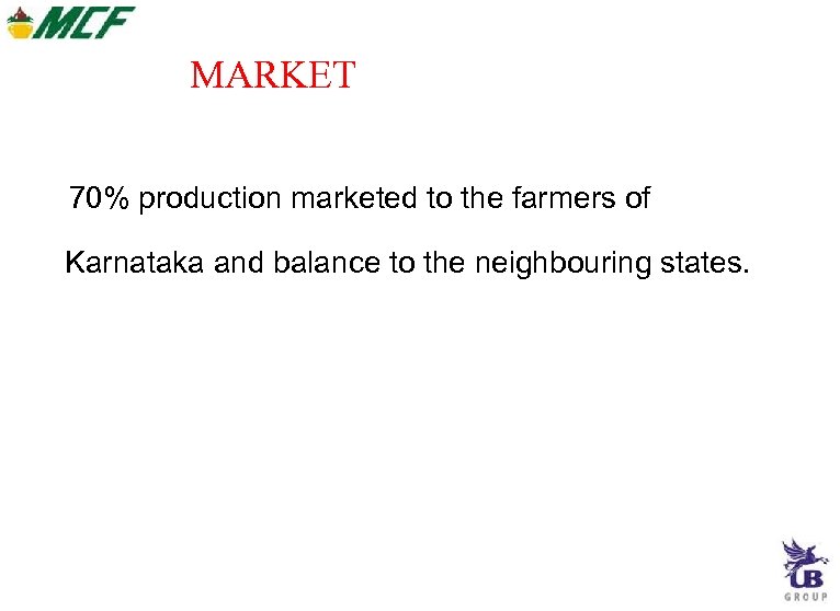 MARKET 70% production marketed to the farmers of Karnataka and balance to the neighbouring