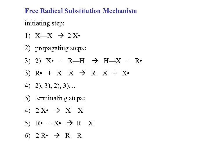 Free Radical Substitution Mechanism initiating step: 1) X—X 2 X • 2) propagating steps: