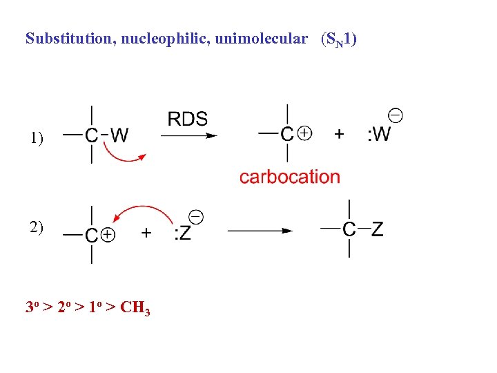 Substitution, nucleophilic, unimolecular (SN 1) 1) 2) 3 o > 2 o > 1