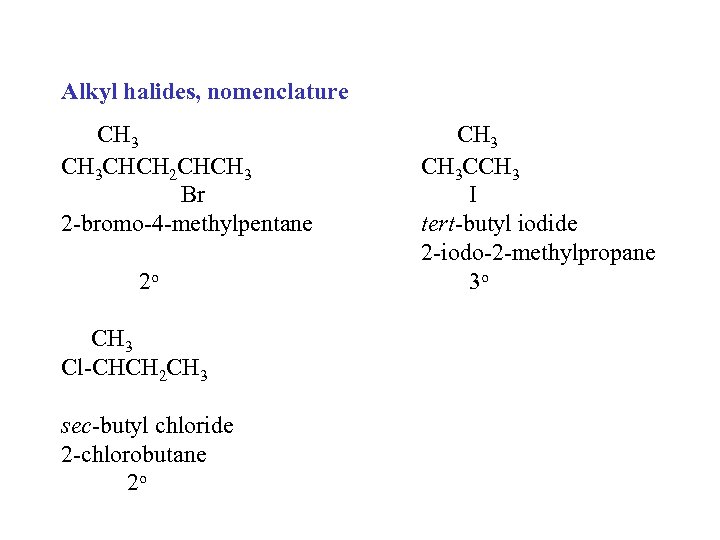 Alkyl halides, nomenclature CH 3 CHCH 2 CHCH 3 Br 2 -bromo-4 -methylpentane 2