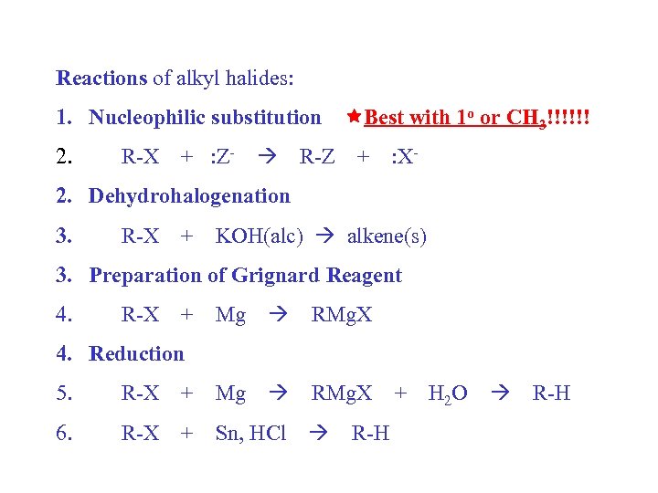 Reactions of alkyl halides: 1. Nucleophilic substitution Best with 1 o or CH 3!!!!!!