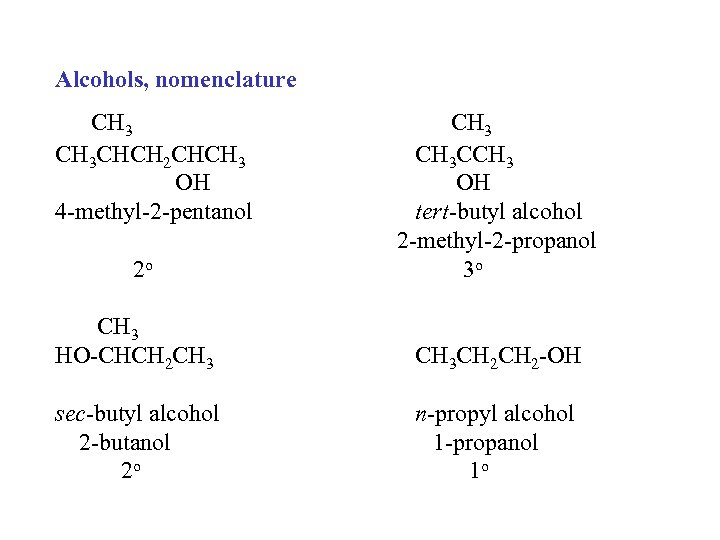 Alcohols, nomenclature CH 3 CHCH 2 CHCH 3 OH 4 -methyl-2 -pentanol 2 o