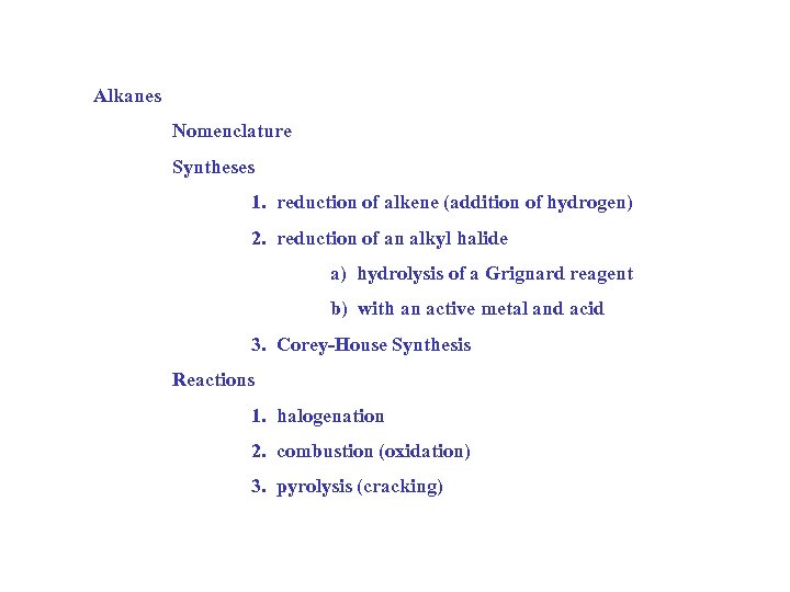 Alkanes Nomenclature Syntheses 1. reduction of alkene (addition of hydrogen) 2. reduction of an