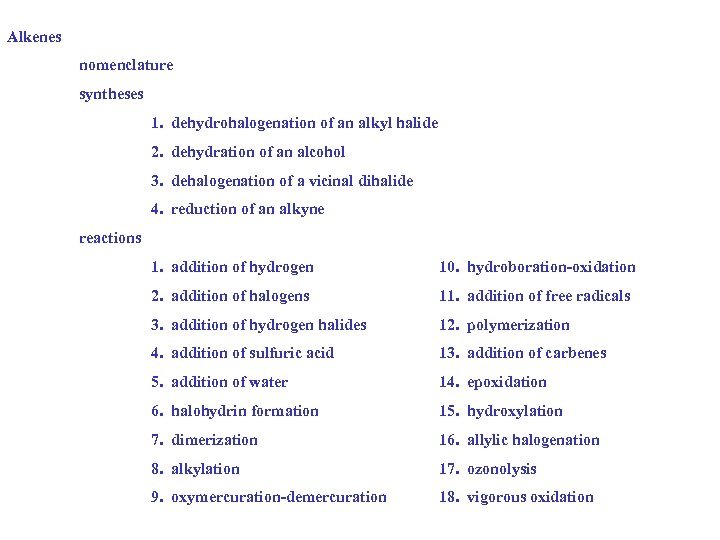 Alkenes nomenclature syntheses 1. dehydrohalogenation of an alkyl halide 2. dehydration of an alcohol