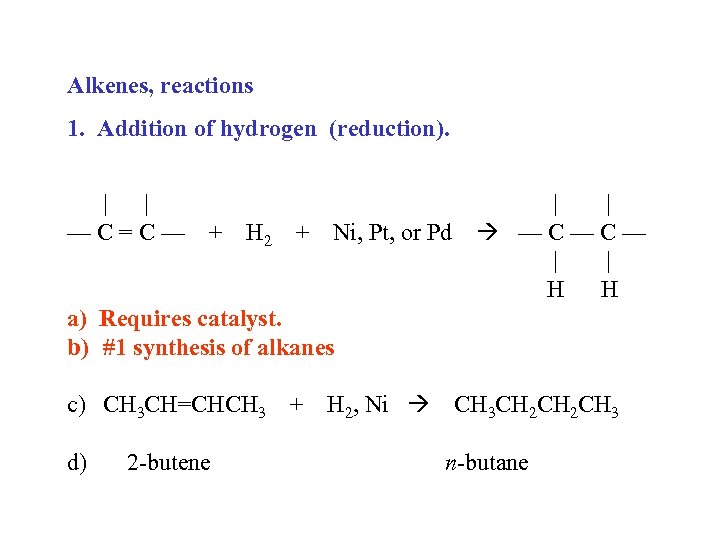 Alkenes, reactions 1. Addition of hydrogen (reduction). | | —C=C— + H 2 +