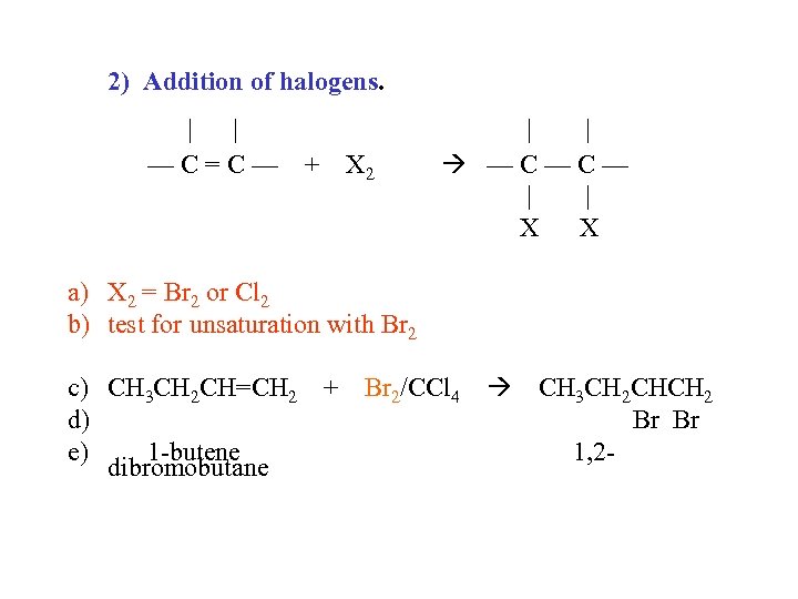 2) Addition of halogens. | | —C=C— + X 2 | | —C—C— |