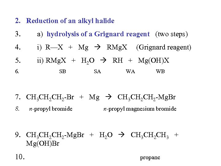 2. Reduction of an alkyl halide 3. a) hydrolysis of a Grignard reagent (two