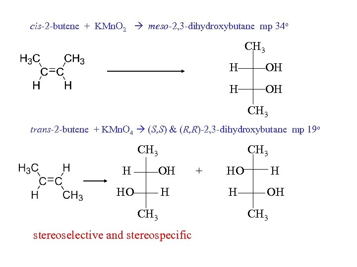 cis-2 -butene + KMn. O 2 meso-2, 3 -dihydroxybutane mp 34 o CH 3