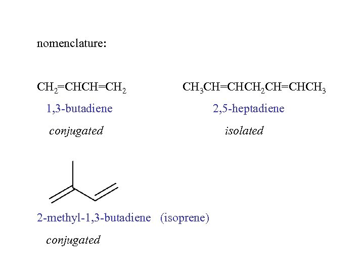 nomenclature: CH 2=CHCH=CH 2 CH 3 CH=CHCH 2 CH=CHCH 3 1, 3 -butadiene conjugated