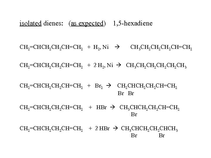 isolated dienes: (as expected) 1, 5 -hexadiene CH 2=CHCH 2 CH=CH 2 + H