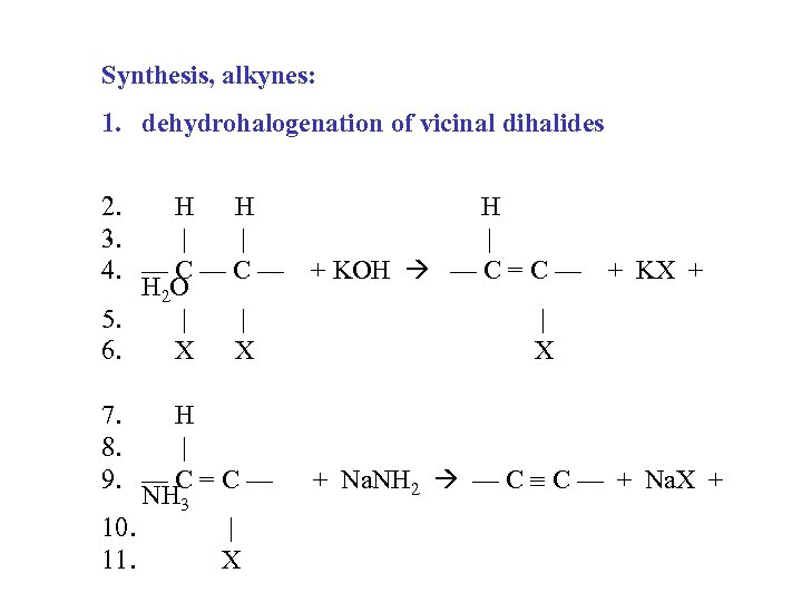 Synthesis, alkynes: 1. dehydrohalogenation of vicinal dihalides 2. H H H 3. | |