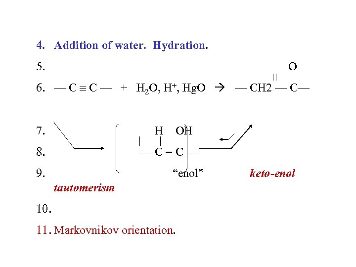 4. Addition of water. Hydration. 5. O 6. — C C — + H