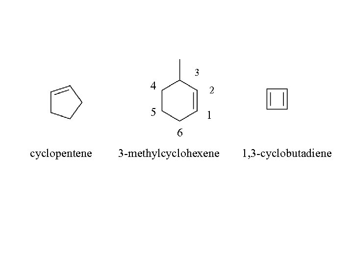 3 4 2 5 1 6 cyclopentene 3 -methylcyclohexene 1, 3 -cyclobutadiene 