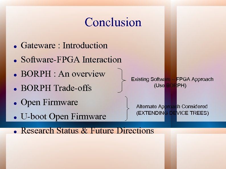 Conclusion Gateware : Introduction Software-FPGA Interaction BORPH : An overview BORPH Trade-offs Open Firmware