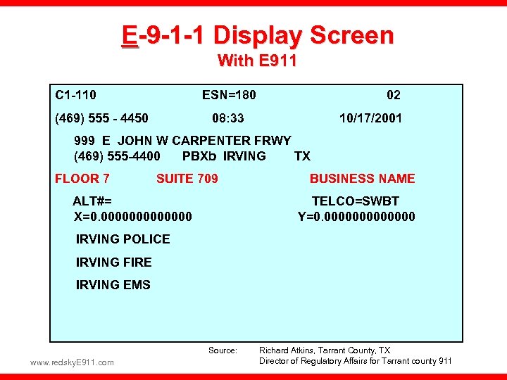 E-9 -1 -1 Display Screen With E 911 C 1 -110 ESN=180 (469) 555