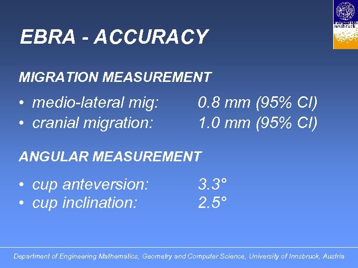 EBRA - ACCURACY MIGRATION MEASUREMENT • medio-lateral mig: • cranial migration: 0. 8 mm