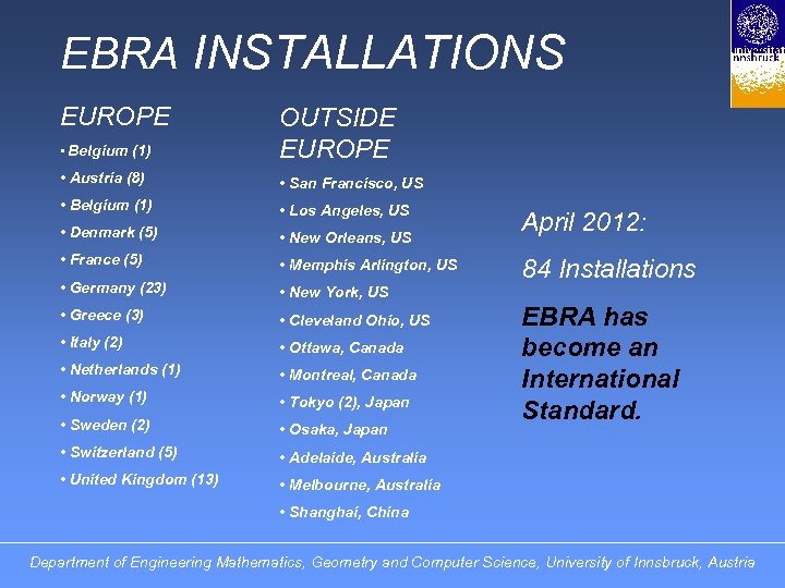EBRA INSTALLATIONS EUROPE • Belgium (1) OUTSIDE EUROPE • Austria (8) • San Francisco,