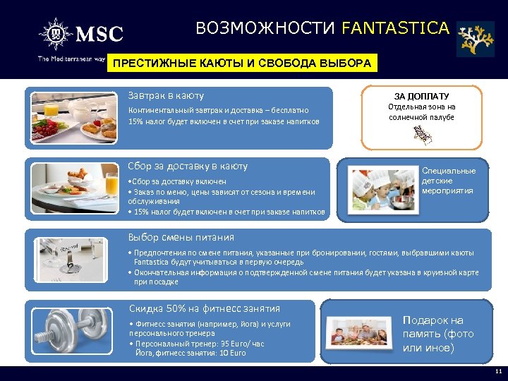 ВОЗМОЖНОСТИ FANTASTICA ПРЕСТИЖНЫЕ КАЮТЫ И СВОБОДА ВЫБОРА Завтрак в каюту • • Континентальный завтрак