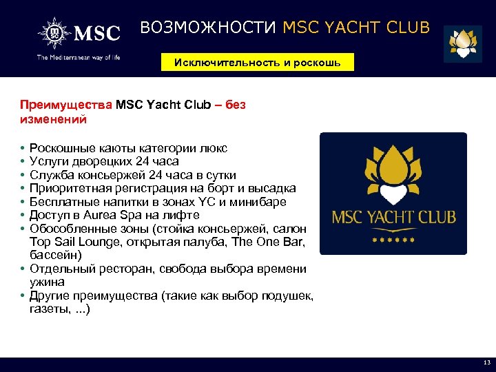 ВОЗМОЖНОСТИ MSC YACHT CLUB Исключительность и роскошь Преимущества MSC Yacht Club – без изменений