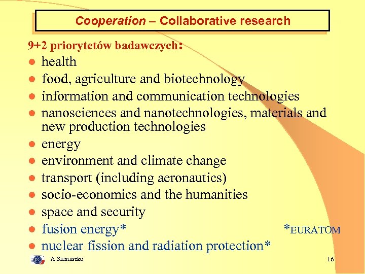 Cooperation – Collaborative research 9+2 priorytetów badawczych: l l l health food, agriculture and