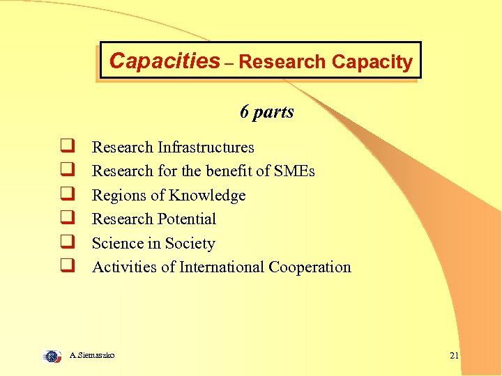 Capacities – Research Capacity 6 parts q q q Research Infrastructures Research for the
