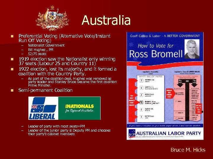 Australia n Preferential Voting (Alternative Vote/Instant Run Off Voting) – – n n n