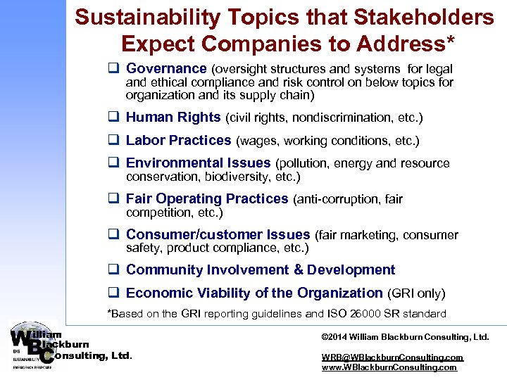 Sustainability Topics that Stakeholders Expect Companies to Address* q Governance (oversight structures and systems