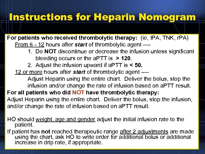 Instructions for Heparin Nomogram For patients who received thrombolytic therapy: (ie, t. PA, TNK,