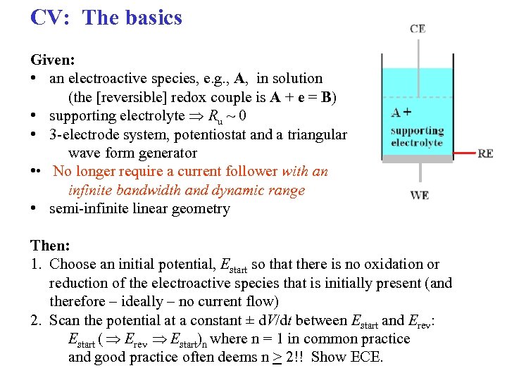 CV: The basics Given: • an electroactive species, e. g. , A, in solution