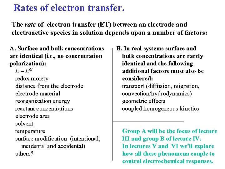 Rates of electron transfer. The rate of electron transfer (ET) between an electrode and