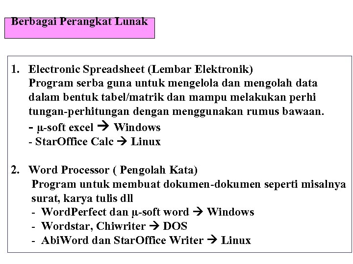 Berbagai Perangkat Lunak 1. Electronic Spreadsheet (Lembar Elektronik) Program serba guna untuk mengelola dan