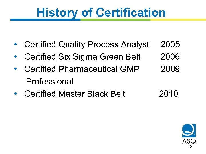 History of Certification • Certified Quality Process Analyst • Certified Six Sigma Green Belt