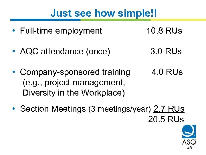 Just see how simple!! • Full-time employment 10. 8 RUs • AQC attendance (once)