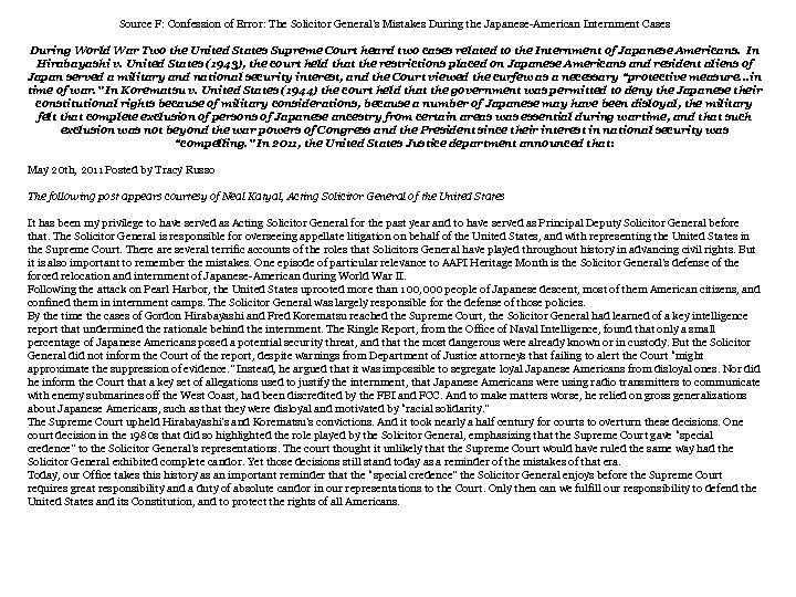 Source F: Confession of Error: The Solicitor General’s Mistakes During the Japanese-American Internment Cases