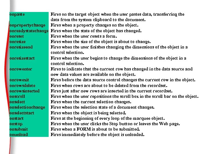 onpaste Fires on the target object when the user pastes data, transferring the data