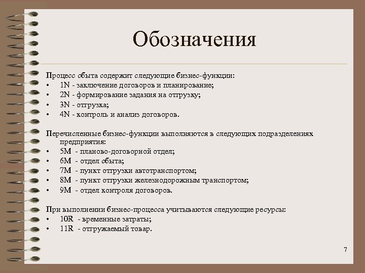 Обозначения Процесс сбыта содержит следующие бизнес-функции: • 1 N - заключение договоров и планирование;