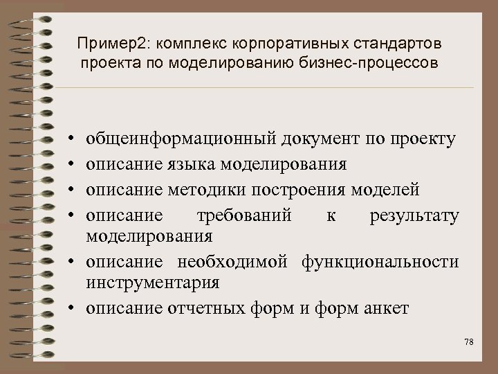 Пример2: комплекс корпоративных стандартов проекта по моделированию бизнес-процессов • • общеинформационный документ по проекту