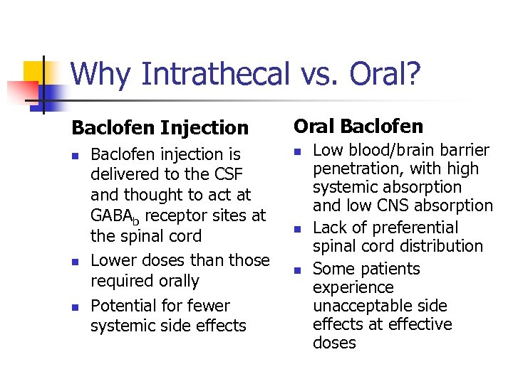 Why Intrathecal vs. Oral? Baclofen Injection n Baclofen injection is delivered to the CSF