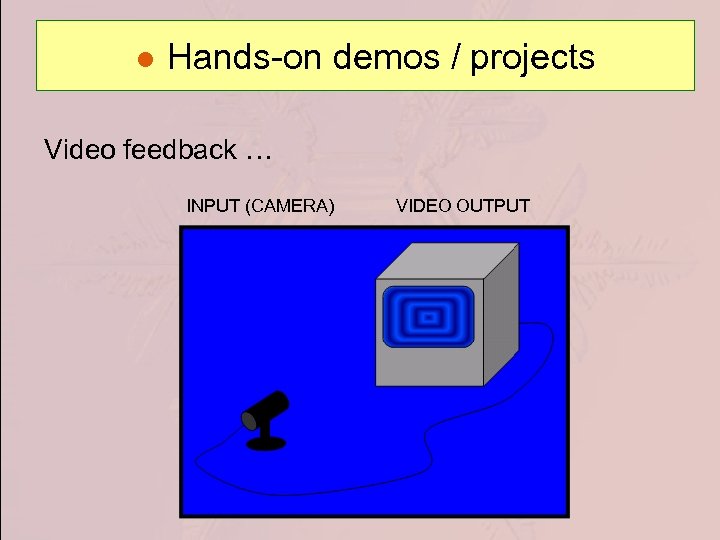 ● Hands-on demos / projects Video feedback … INPUT (CAMERA) VIDEO OUTPUT 