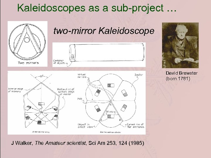 Kaleidoscopes as a sub-project … two-mirror Kaleidoscope David Brewster (born 1781) J Walker, The