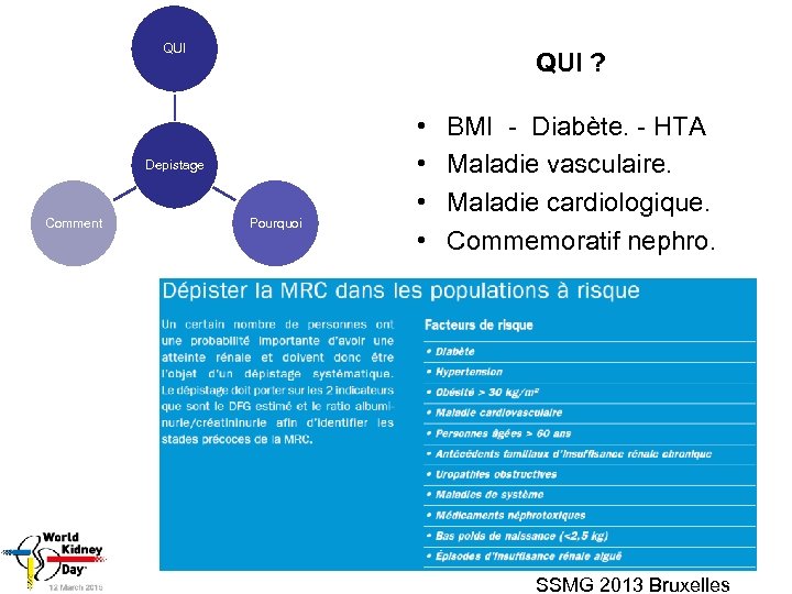 QUI ? Depistage Comment Pourquoi • • BMI - Diabète. - HTA Maladie vasculaire.