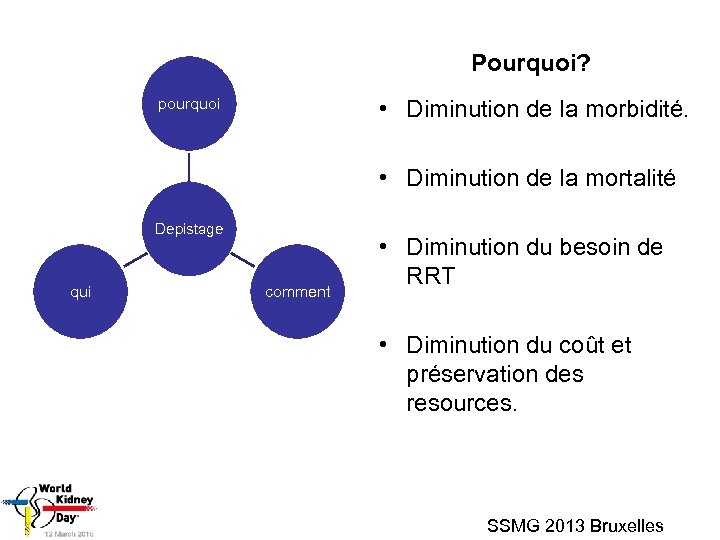 Pourquoi? pourquoi • Diminution de la morbidité. • Diminution de la mortalité Depistage qui