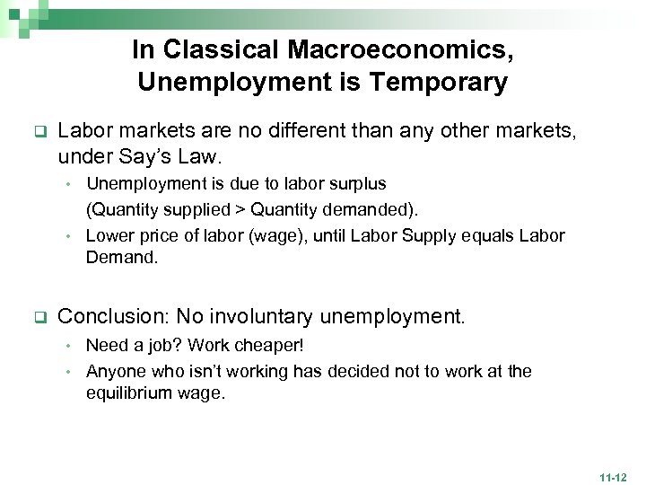 In Classical Macroeconomics, Unemployment is Temporary q Labor markets are no different than any