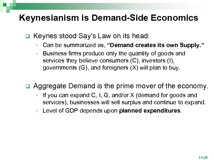 Keynesianism is Demand-Side Economics q Keynes stood Say’s Law on its head: Can be